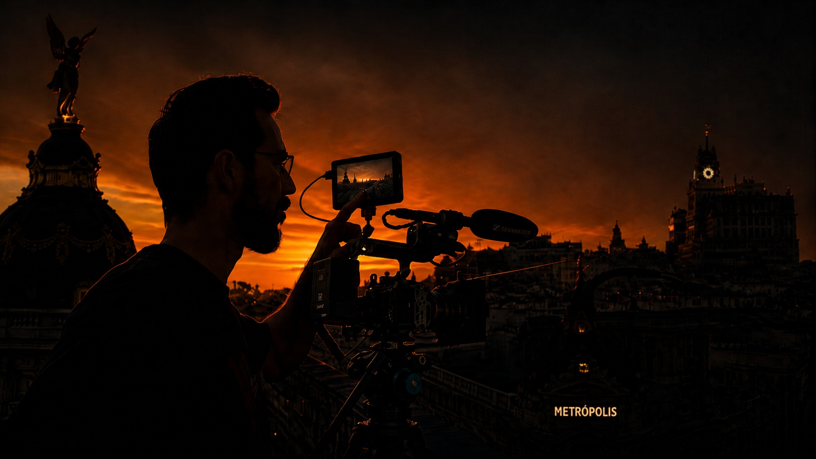 Hector Benitez operando una cámara de cine en una azotea de Madrid al atardecer